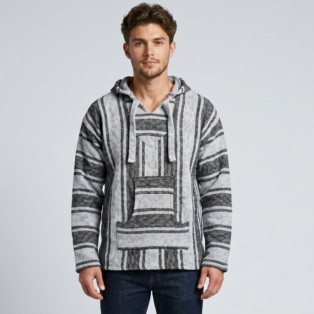 Artesanias F.R. Inc. Unisex Medium Grey Striped Baja Hoodie Mexican Poncho Jerga